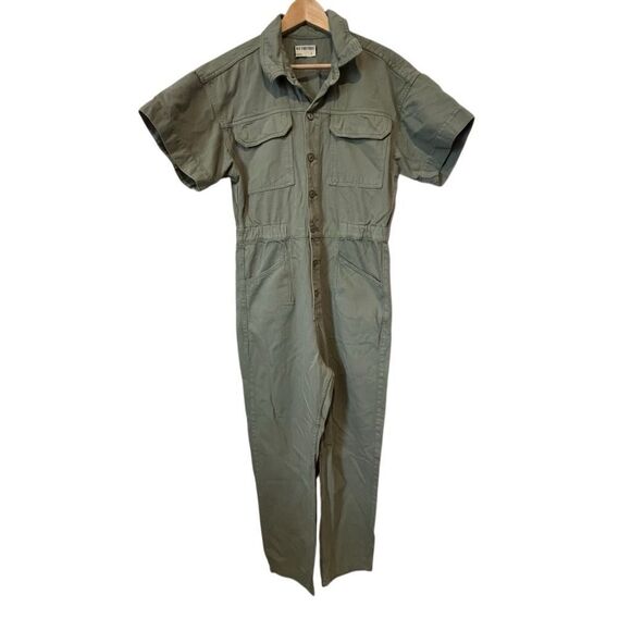 Free People Washed Army Green Marci Denim Jumpsuit Women's Size Large - Picture 2 of 7